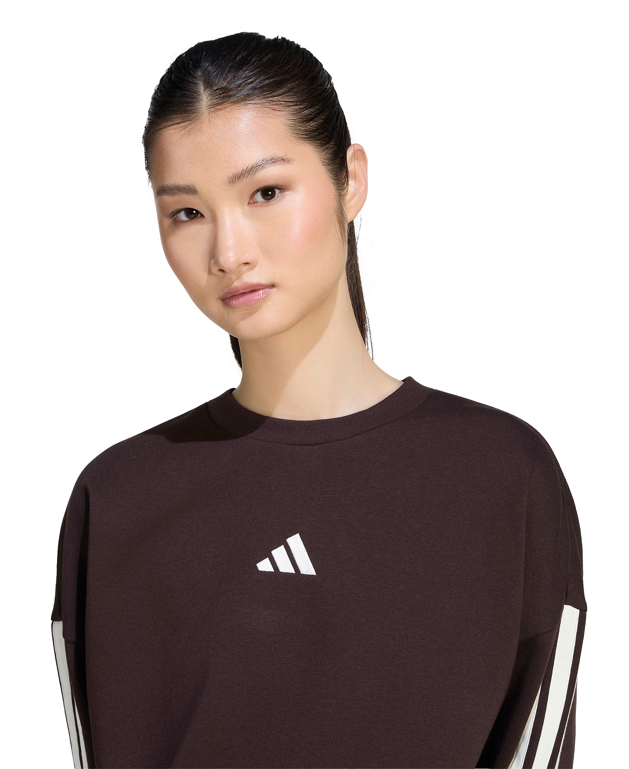 adidas Women's Essentials 3-Stripes Fleece Crew Neck Sweatshirt - Aurora Coffee/Ivory