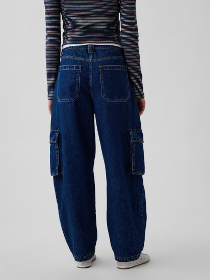 High Rise Barrel Cargo Jeans - Dark wash
