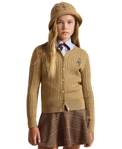Polo Ralph Lauren Girls' 7-16 Polo Bear Mini-Cable Cotton Cardigan - Berkshire Tan