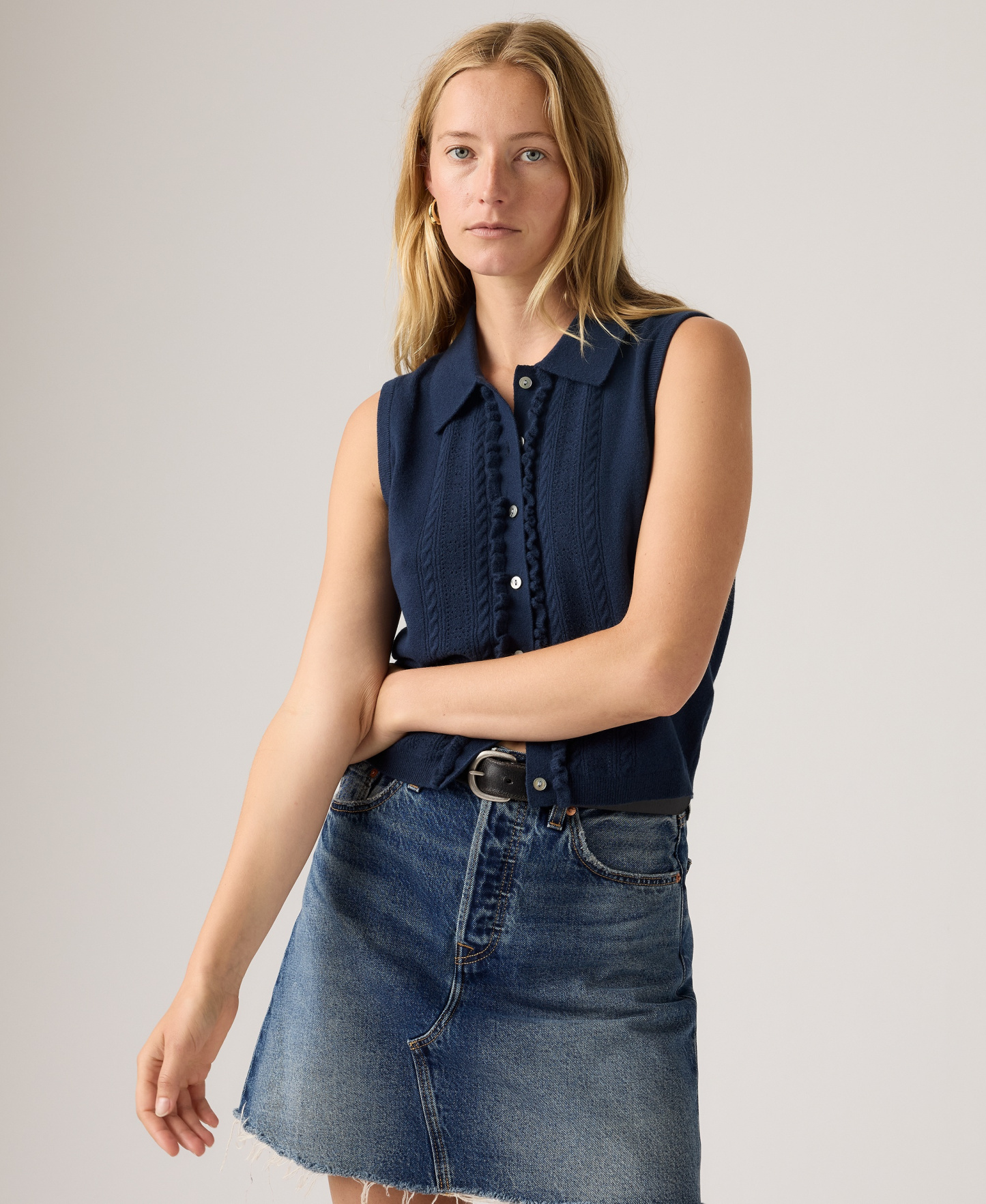 Levi's Premium Women's Super Soft Mini Ruffle-Sleeveless Collared Vest - Navy Blazer