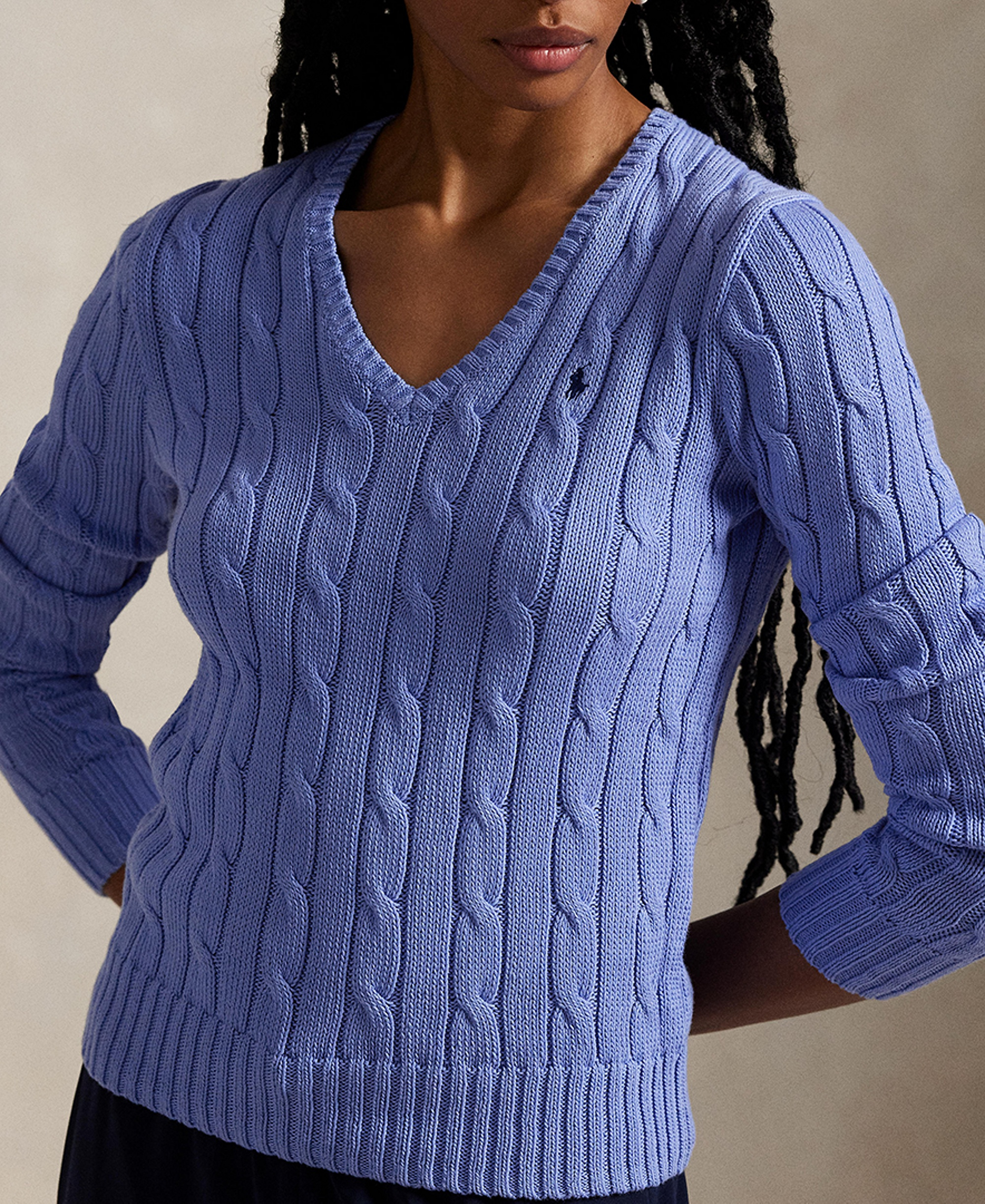 Polo Ralph Lauren Women's Cable-Knit Cotton V-Neck Sweater - New Litchfield Blue