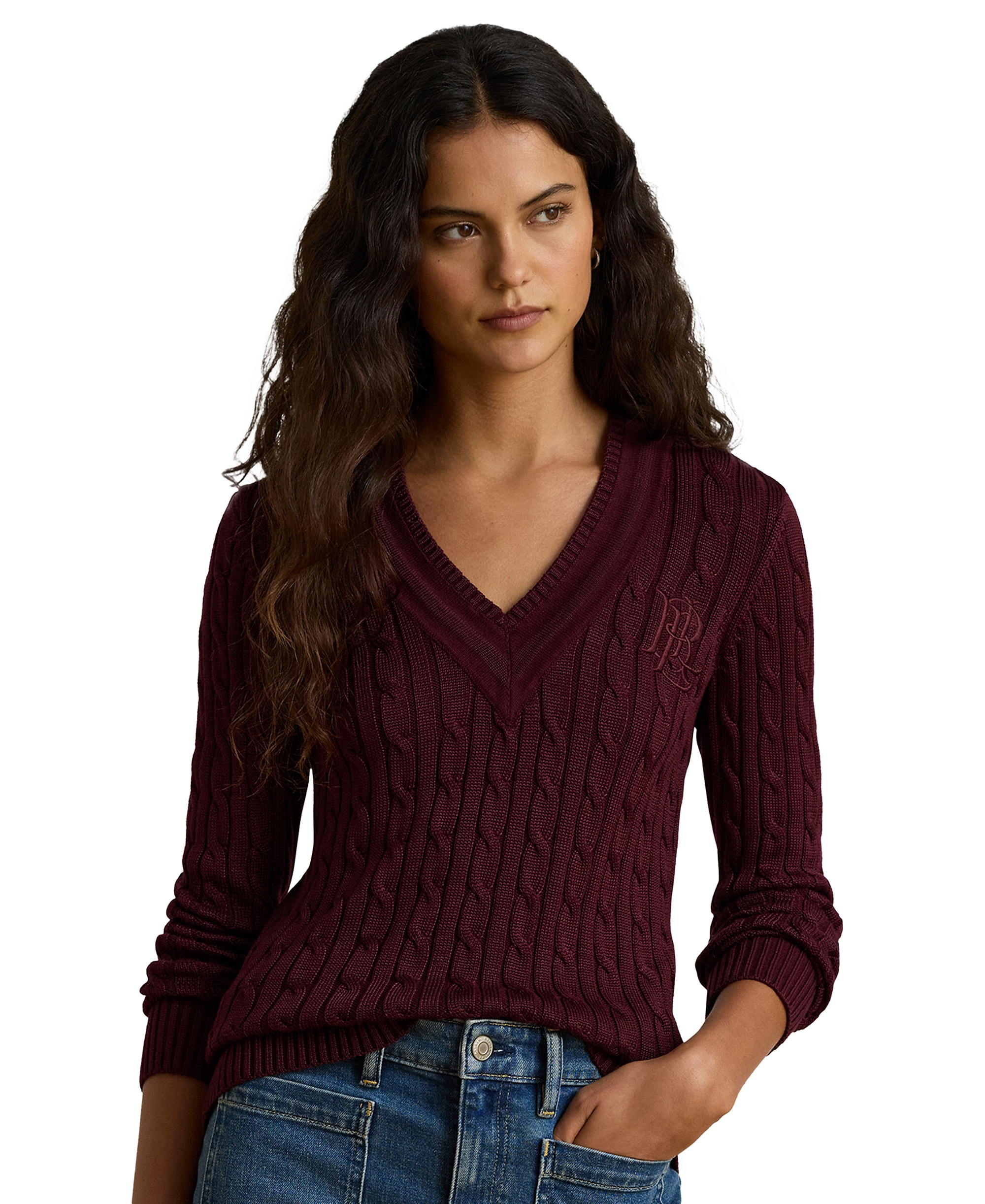 Lauren Ralph Lauren Women's Long-Sleeve V-Neck Cable Knit Sweater - Dark Garnet
