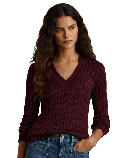 Lauren Ralph Lauren Women's Long-Sleeve V-Neck Cable Knit Sweater - Dark Garnet