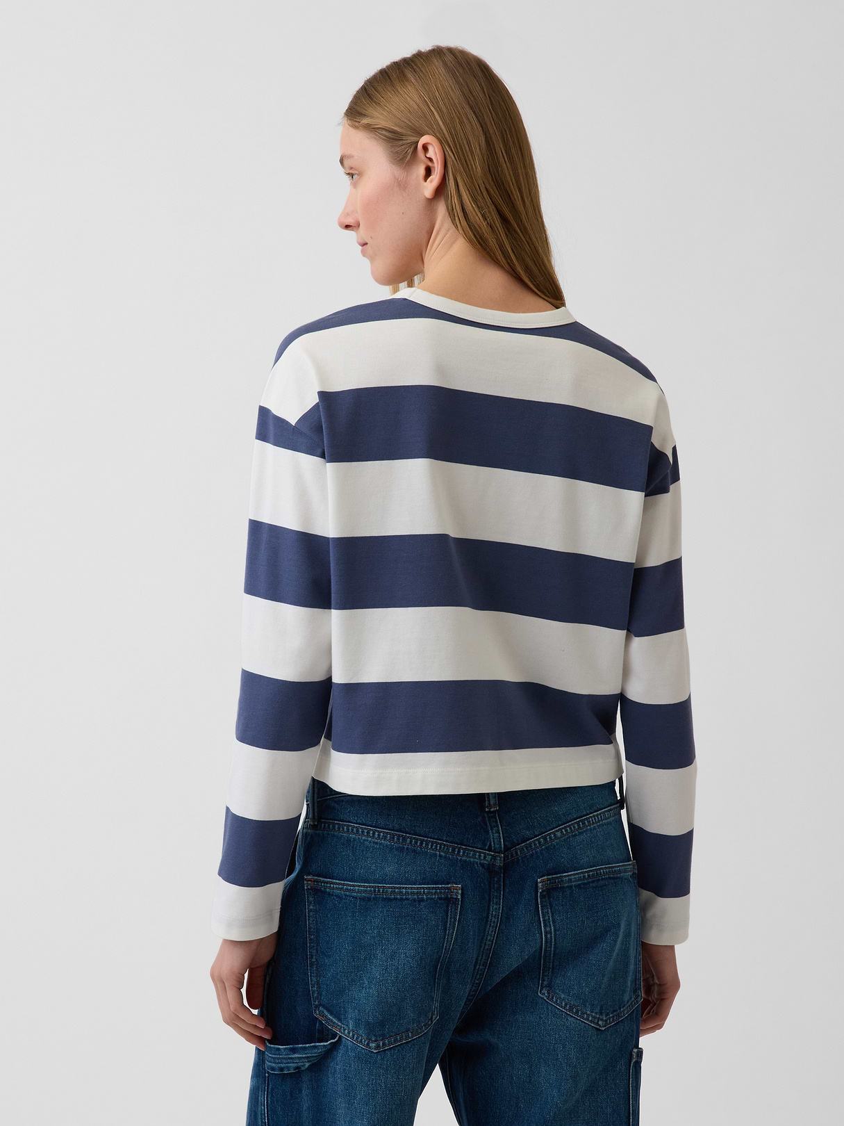 Knit Oversized Crop T-Shirt - Blue stripe