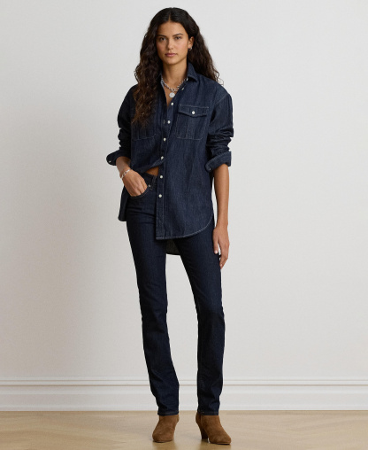 Lauren Ralph Lauren Women's Long-Sleeve Point Collar Relaxed-Fit Denim Shirt - Rinse Wash