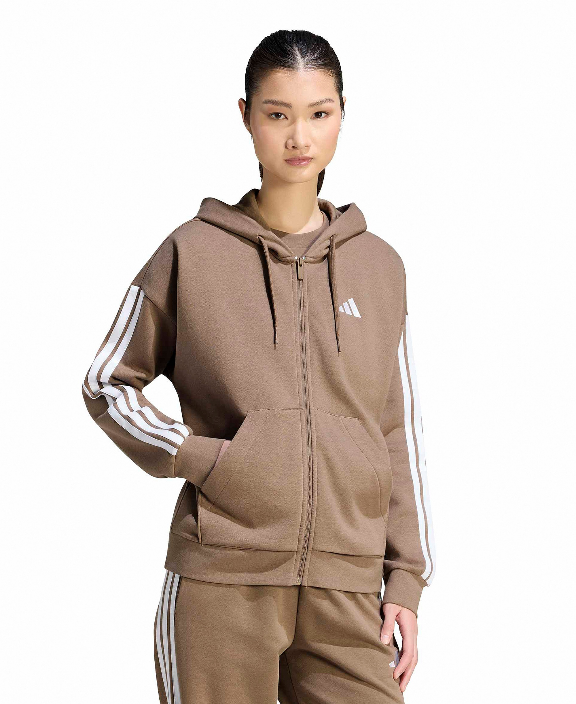 adidas Women's 3-Stripe Fleece Full-Zip Hoodie - Khaki Six/white