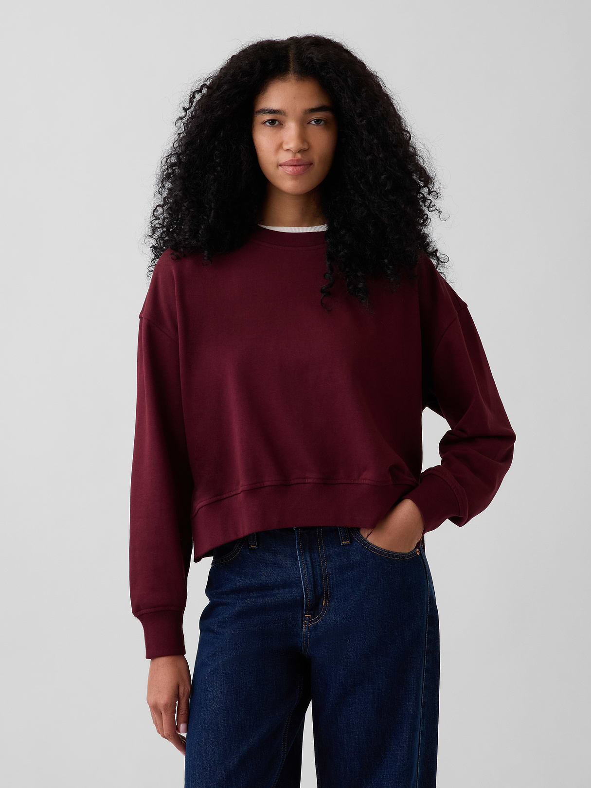 VintageSoft Terry Oversized Wedge Side-Slit Sweatshirt - Purple burgundy