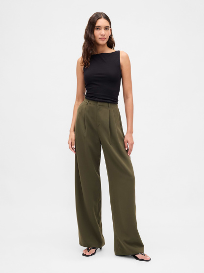 365 High Rise Pleated Trousers - Black moss green