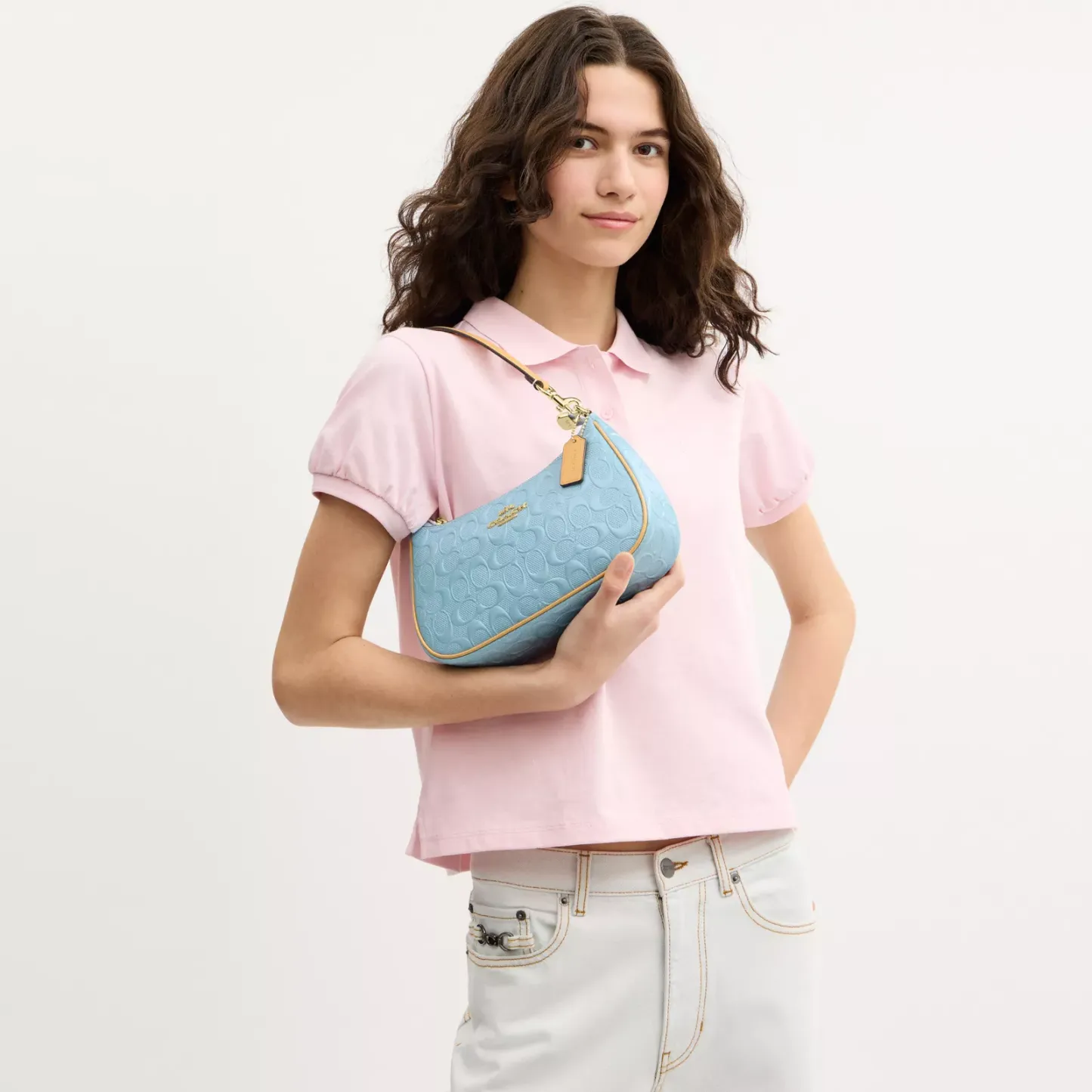 Teri Shoulder Bag In Signature Leather - Gold/Light Blue - view 2