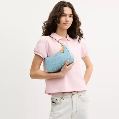 Teri Shoulder Bag In Signature Leather - Gold/Light Blue - view 2