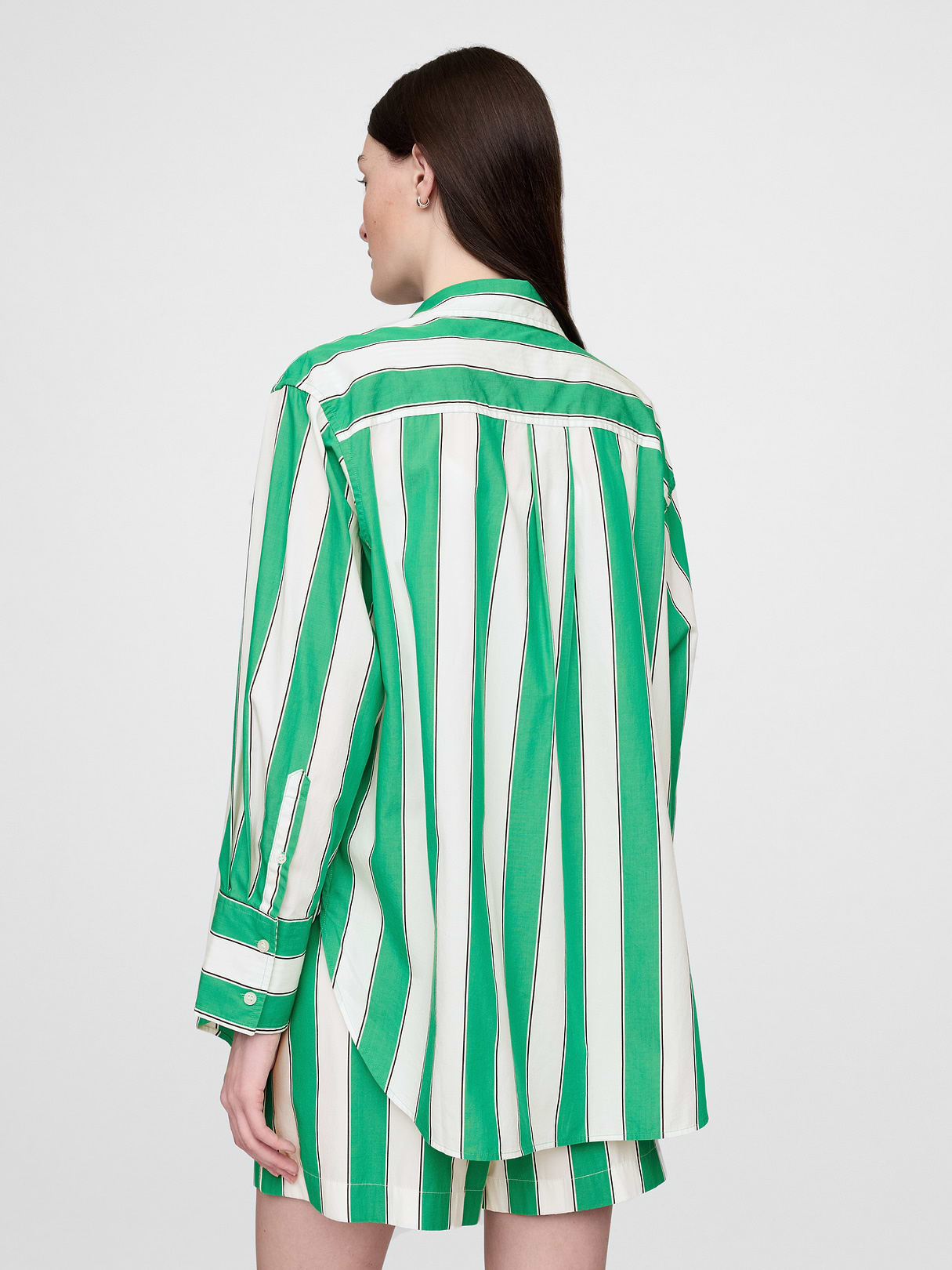 Organic Cotton Poplin Stripe Big Shirt - Green white stripe
