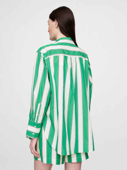 Organic Cotton Poplin Stripe Big Shirt - Green white stripe