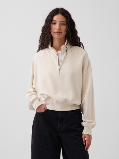 Textured Cotton Oversized Half-Zip Pullover - Chino beige