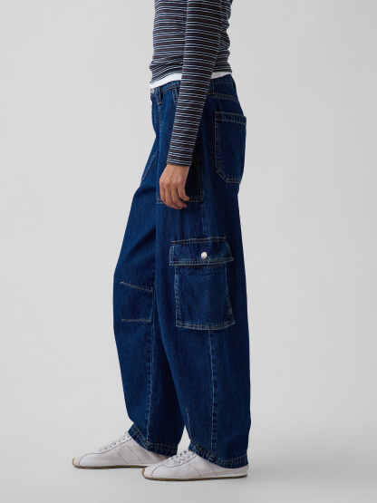 High Rise Barrel Cargo Jeans - Dark wash