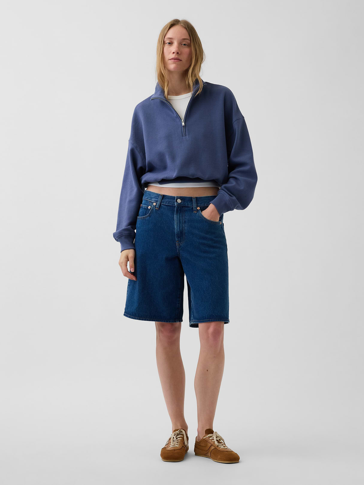 Textured Cotton Oversized Half-Zip Pullover - Blue