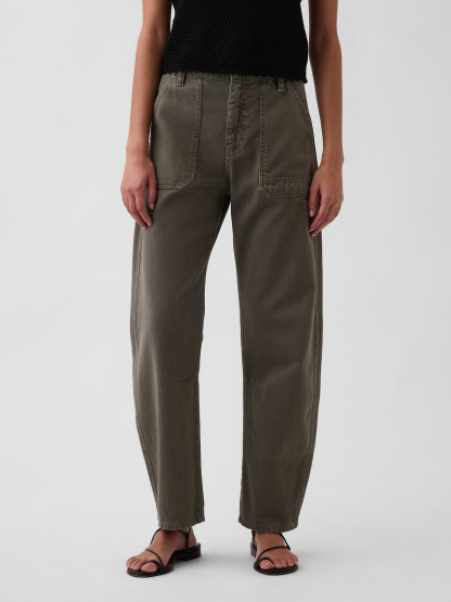 Mid Rise Barrel Utility Ankle Pants - Black moss green
