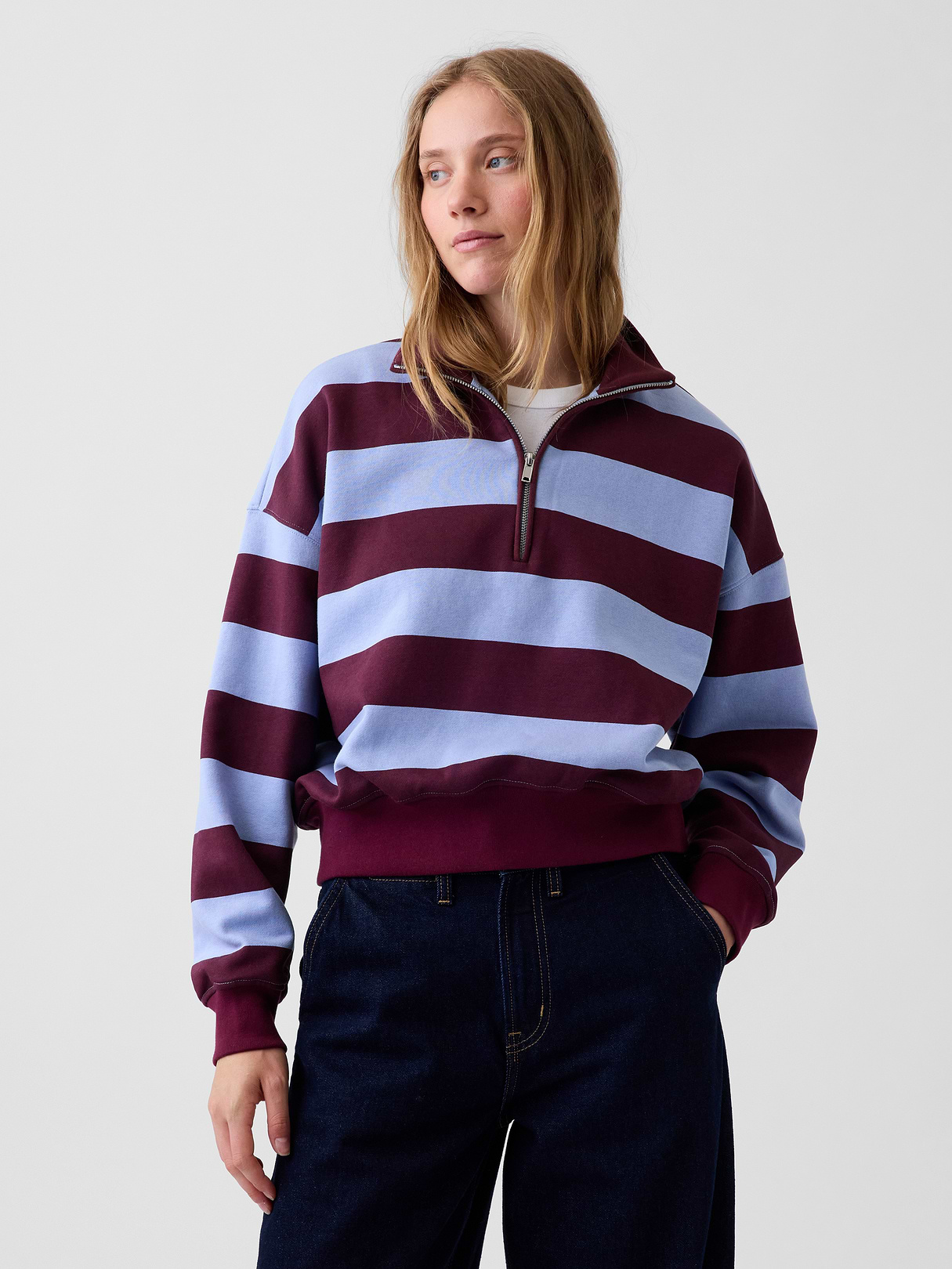 VintageSoft Oversized Half-Zip Wedge Pullover - Blue & purple burgundy stripe