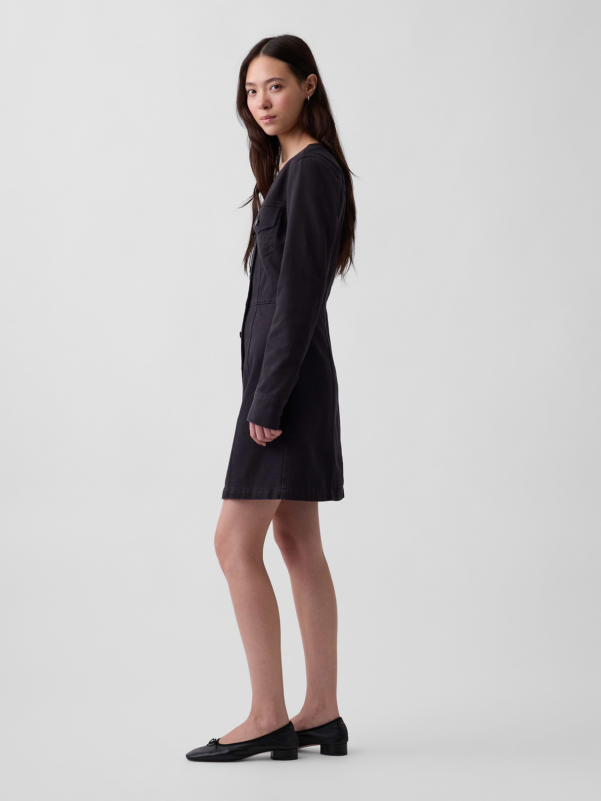 V-Neck Button-Front Mini Dress - Black