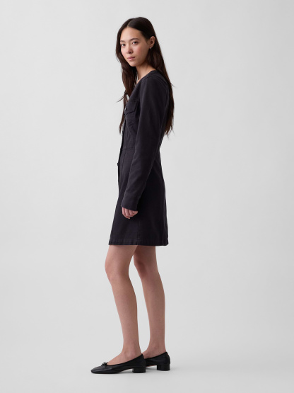 V-Neck Button-Front Mini Dress - Black