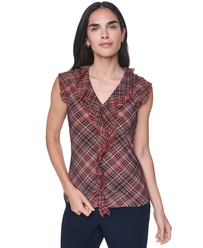 Tommy Hilfiger Women's V-Neck Plaid Ruffle Sleeveless Blouse - Paprika Multi