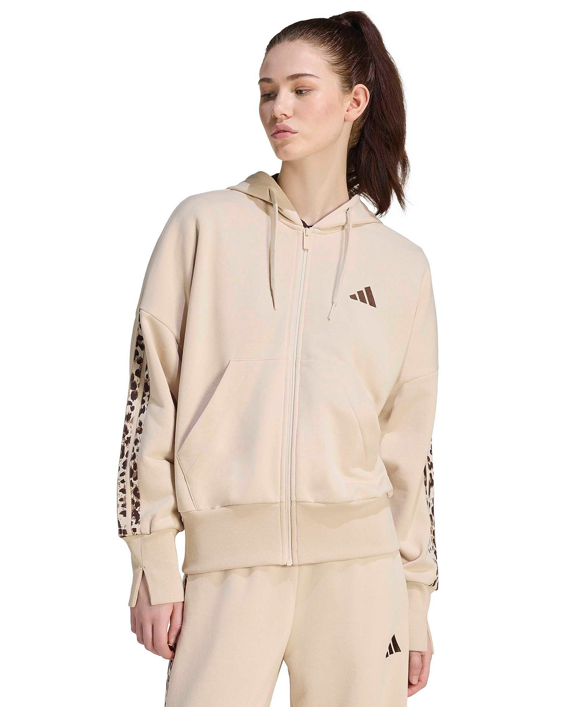 adidas Women's Seasonal Essentials Animal Print 3-Stripes Hooded Track Jacket - Crystal Linen/Multicolor/Khaki Six