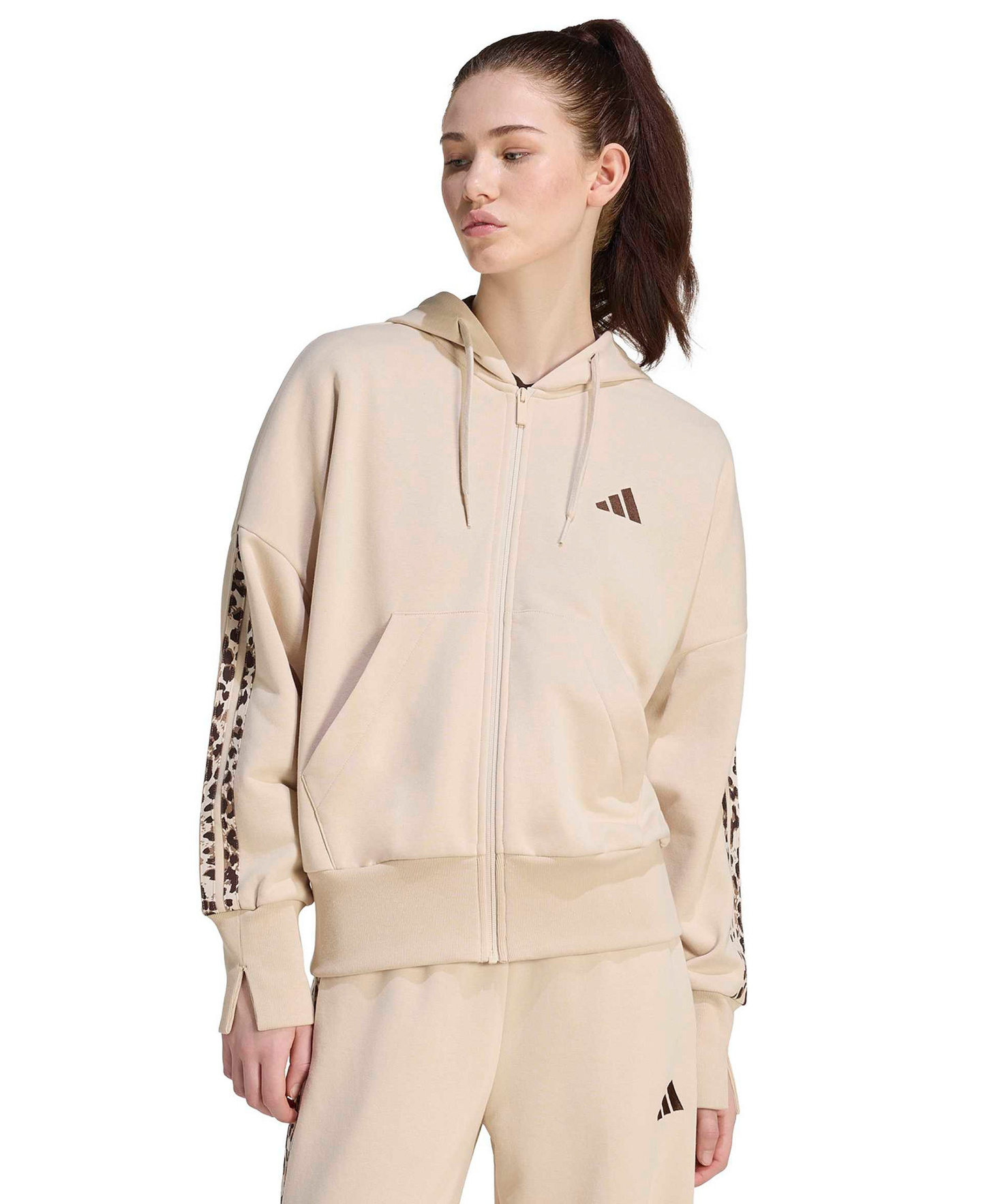 adidas Women's Seasonal Essentials Animal Print 3-Stripes Hooded Track Jacket - Crystal Linen/Multicolor/Khaki Six