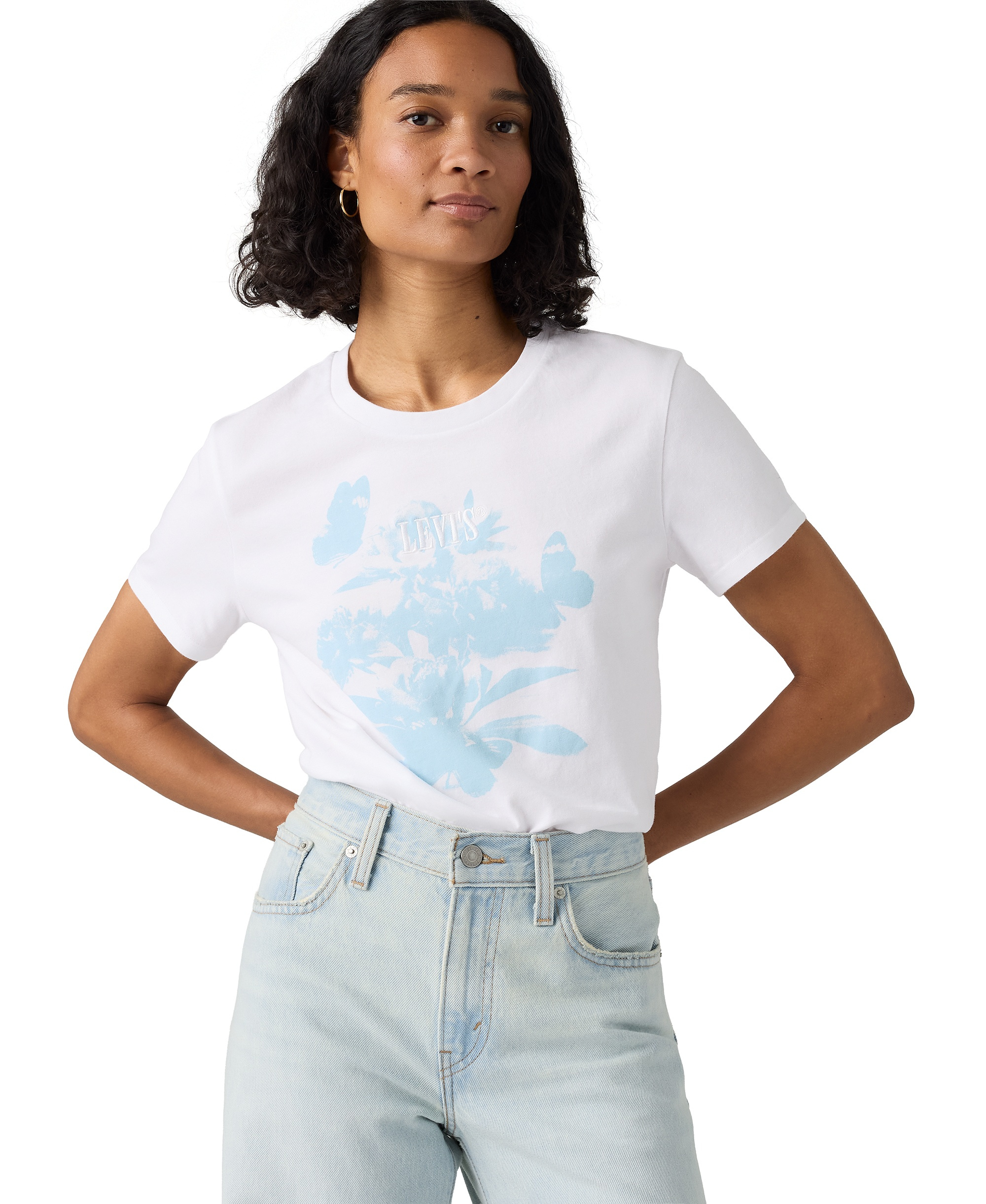 Levi's Women's Perfect Graphic Logo Cotton T-Shirt - Blur Florals With Serif Emb Bright White