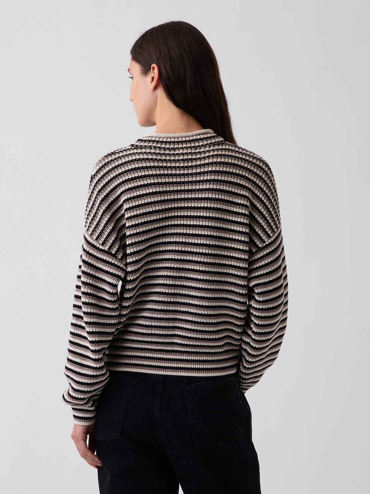 100% Cotton Oversized Rollneck Sweater - Black, grey, & off white stripe