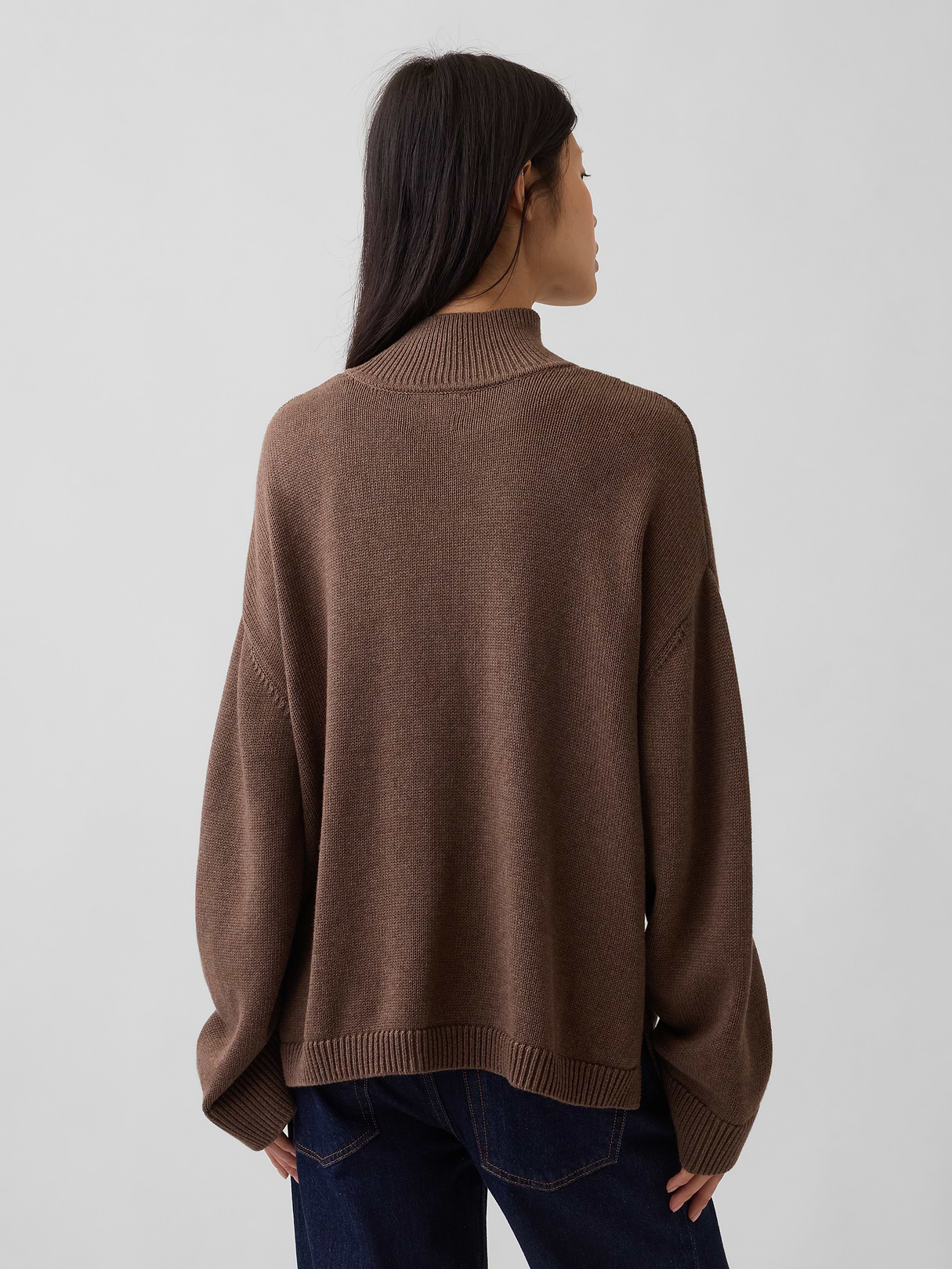 100% Cotton Oversized Mockneck Sweater - Cool brown heather