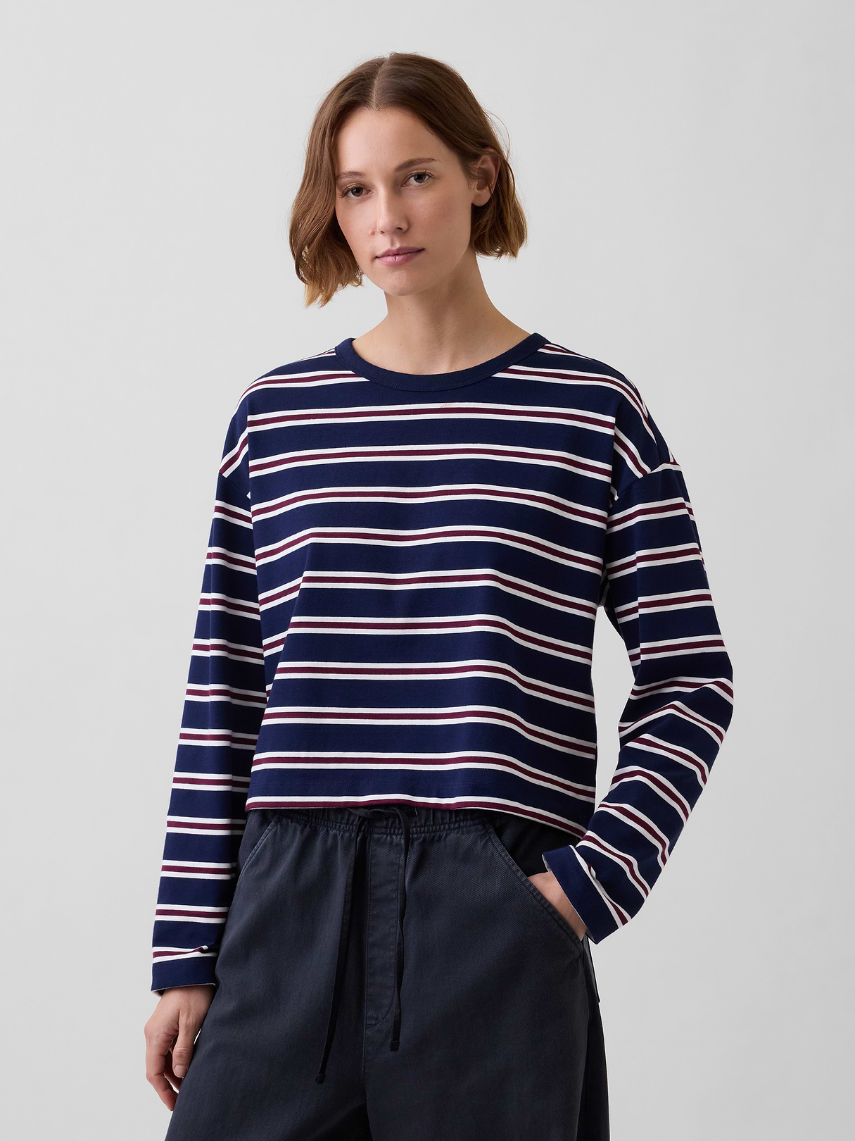 Knit Oversized Crop T-Shirt - White & navy blue stripe
