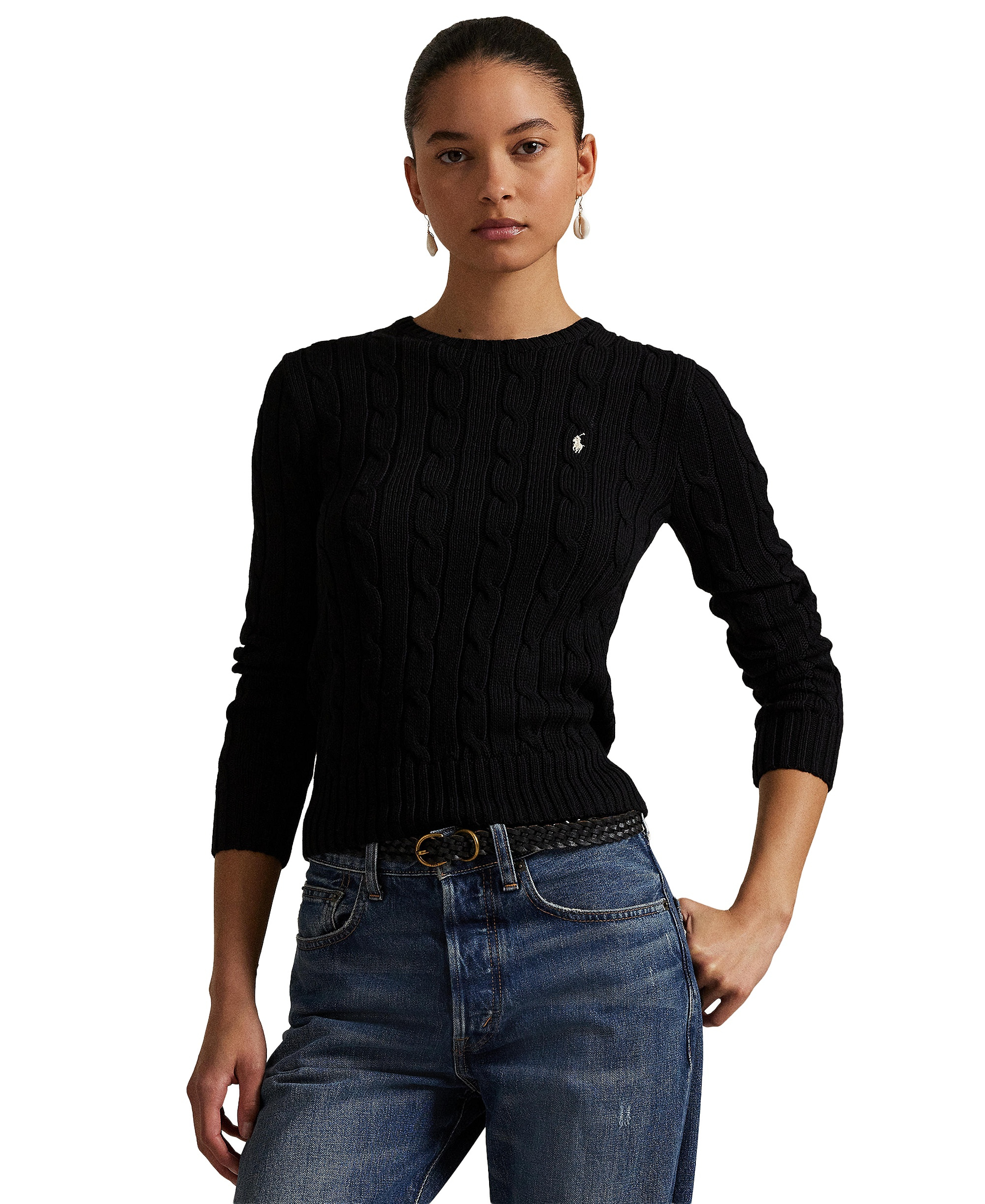 Polo Ralph Lauren Women's Cable-Knit Cotton Crewneck Sweater - Polo Black/White