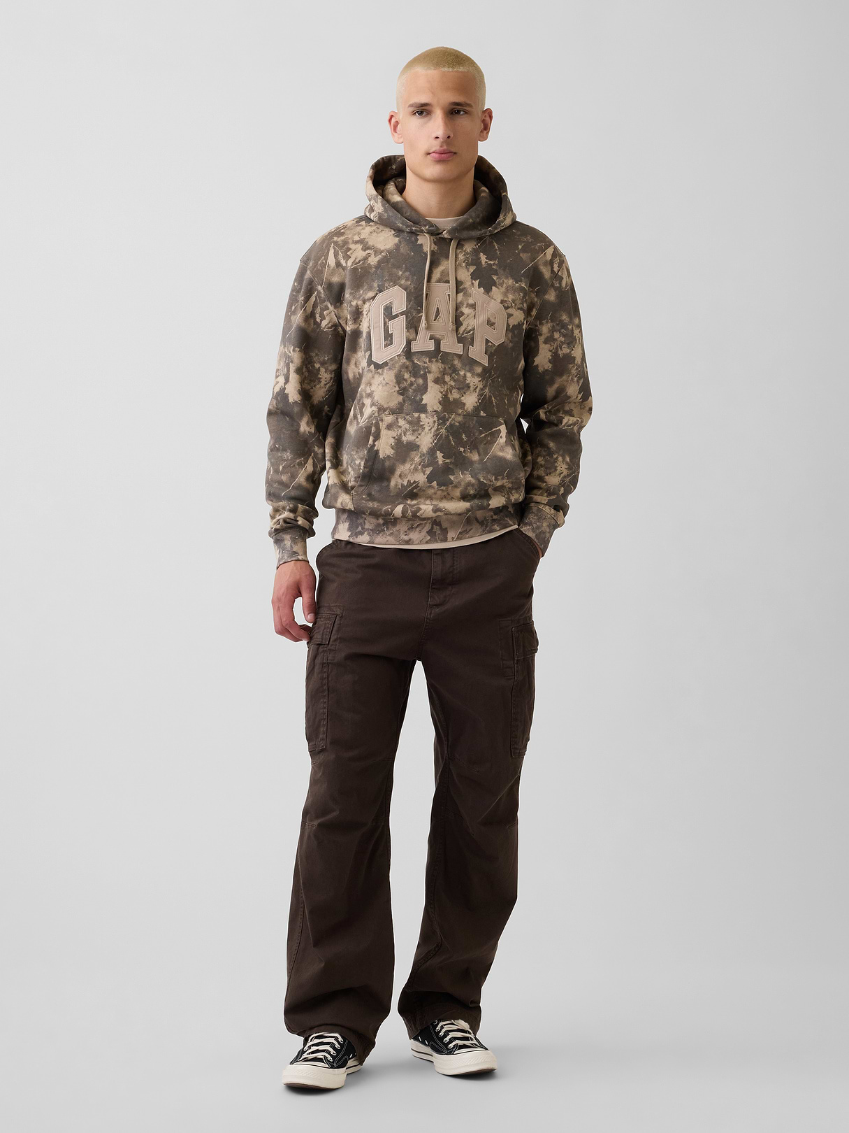Adult VintageSoft Arch Logo Hoodie - Khaki tan leaf print