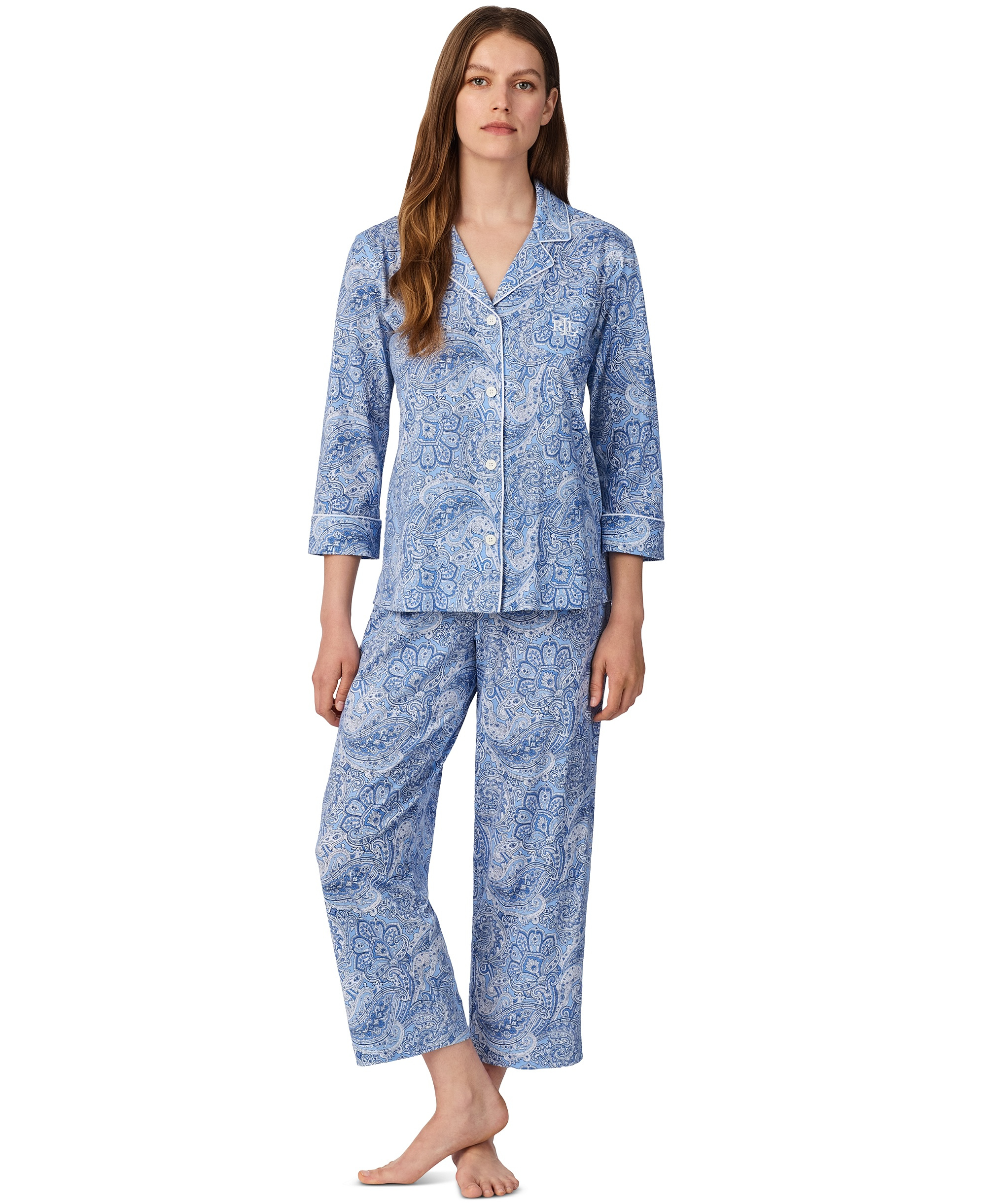 Lauren Ralph Lauren Womens 3/4 Sleeve Cotton Notch Collar Capri Pant Pajama Set - Blue Paisley