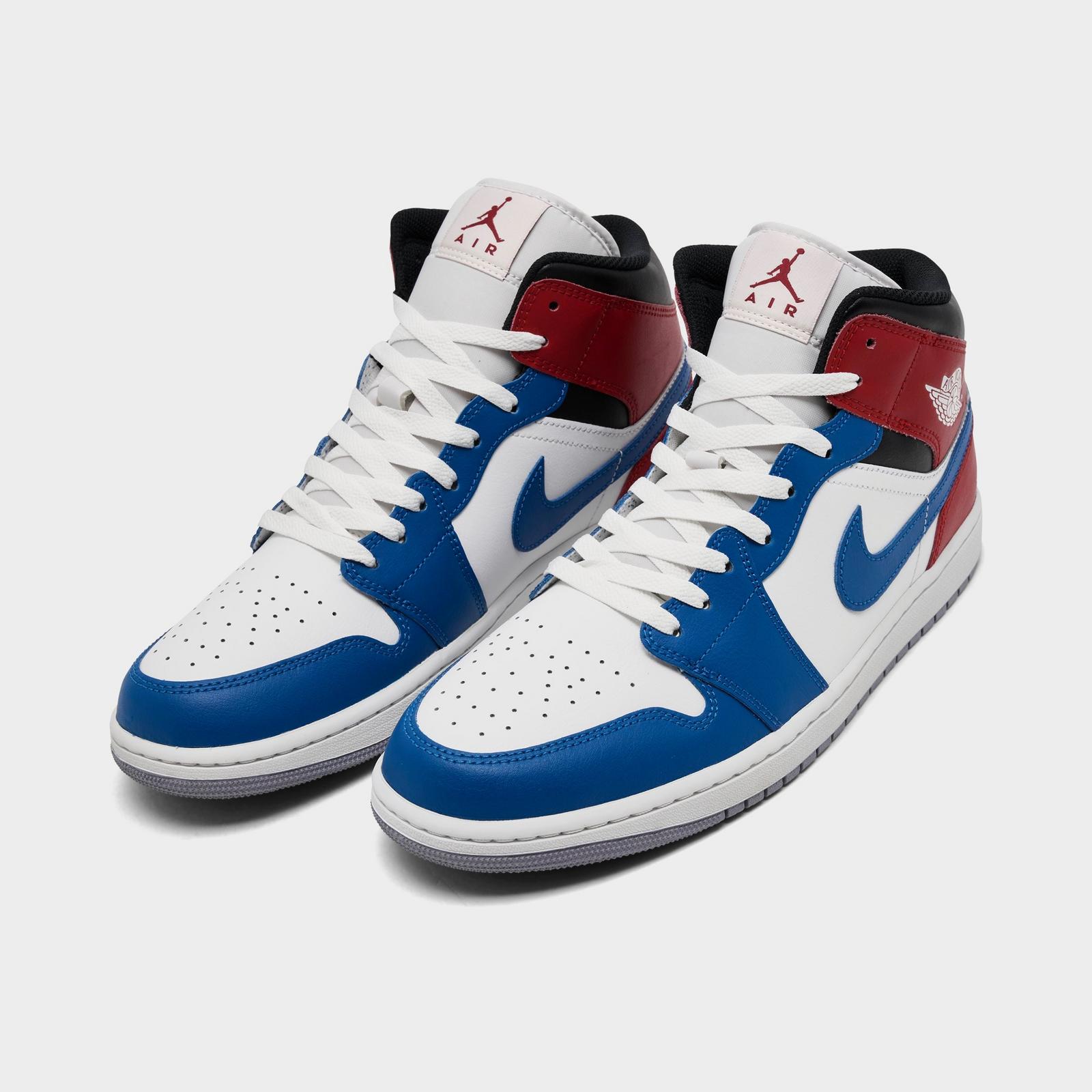 Men's Air Jordan Retro 1 Mid Casual Shoes - True Blue/Varsity Red/Black/Summit White - Left shoe facing left. Outside of the shoe. - view 2