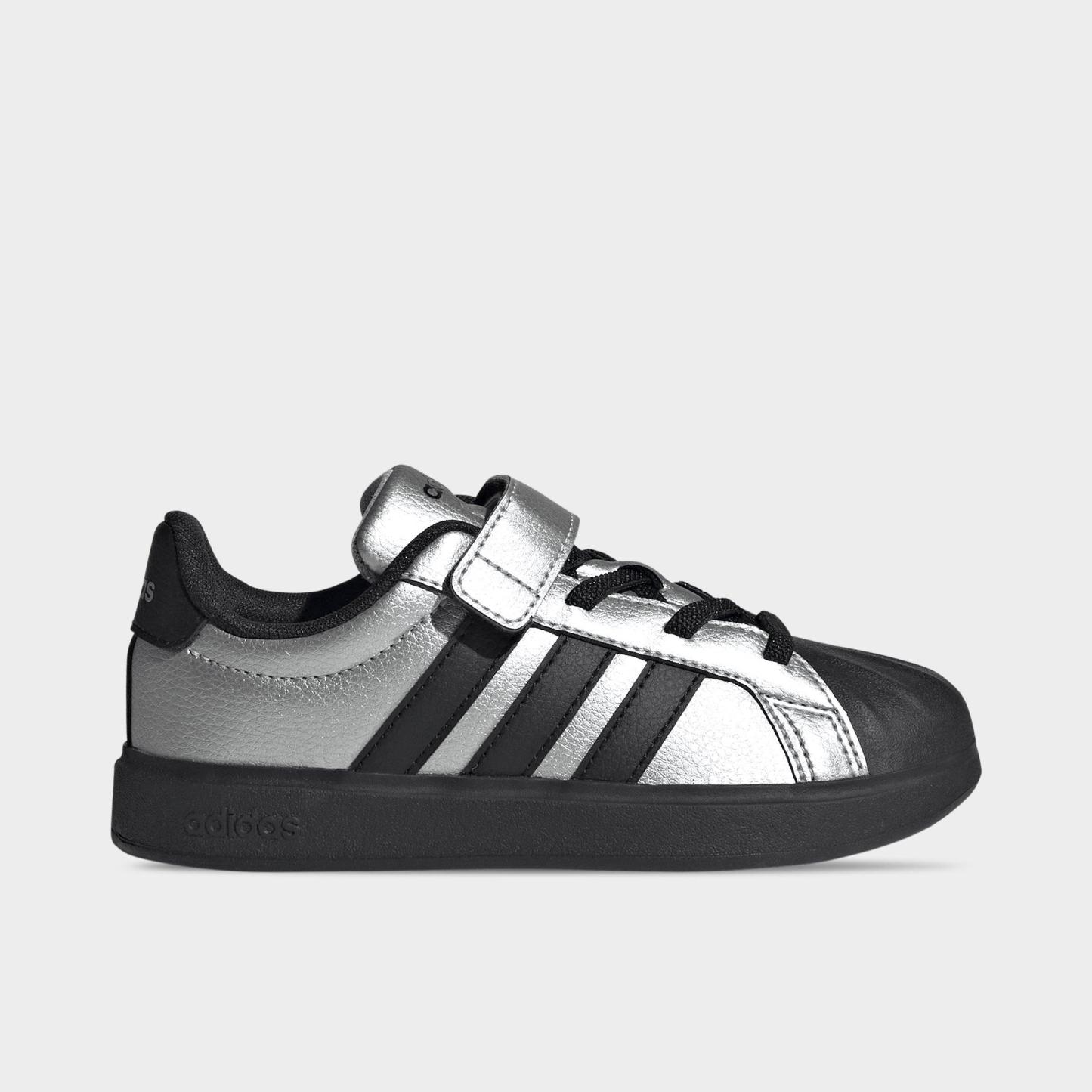 Girls' Little Kids' adidas Streettalk Stretch Lace Hook-And-Loop Casual Shoes - Silver Metallic/Core Black/Silver Metallic - Left shoe facing left. Outside of the shoe.