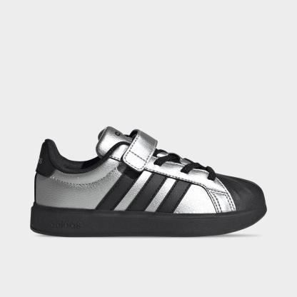 Girls' Little Kids' adidas Streettalk Stretch Lace Hook-And-Loop Casual Shoes - Silver Metallic/Core Black/Silver Metallic - Left shoe facing left. Outside of the shoe.