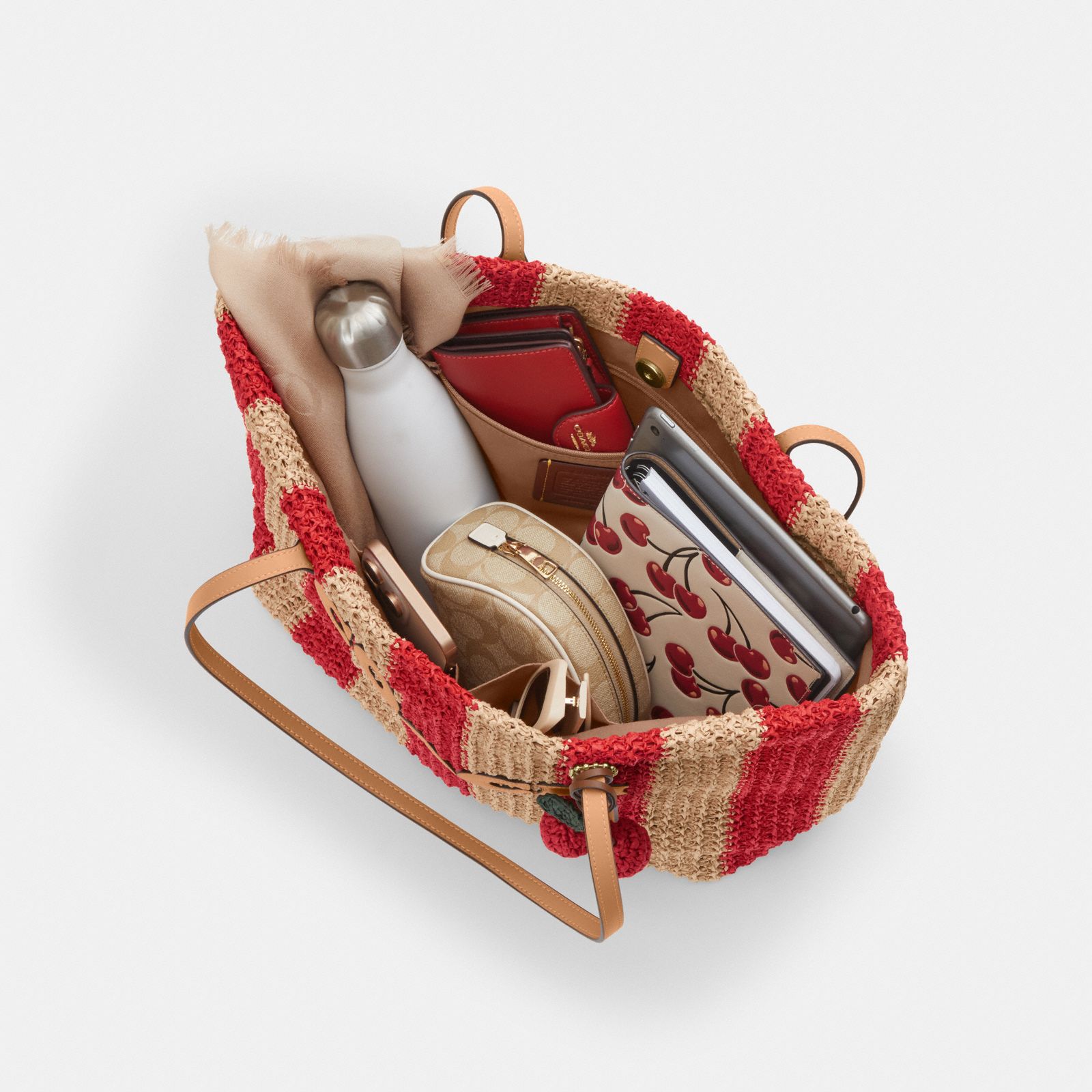 City Tote Bag With Stripes And Charm - Gold/Red/Tan - view 4