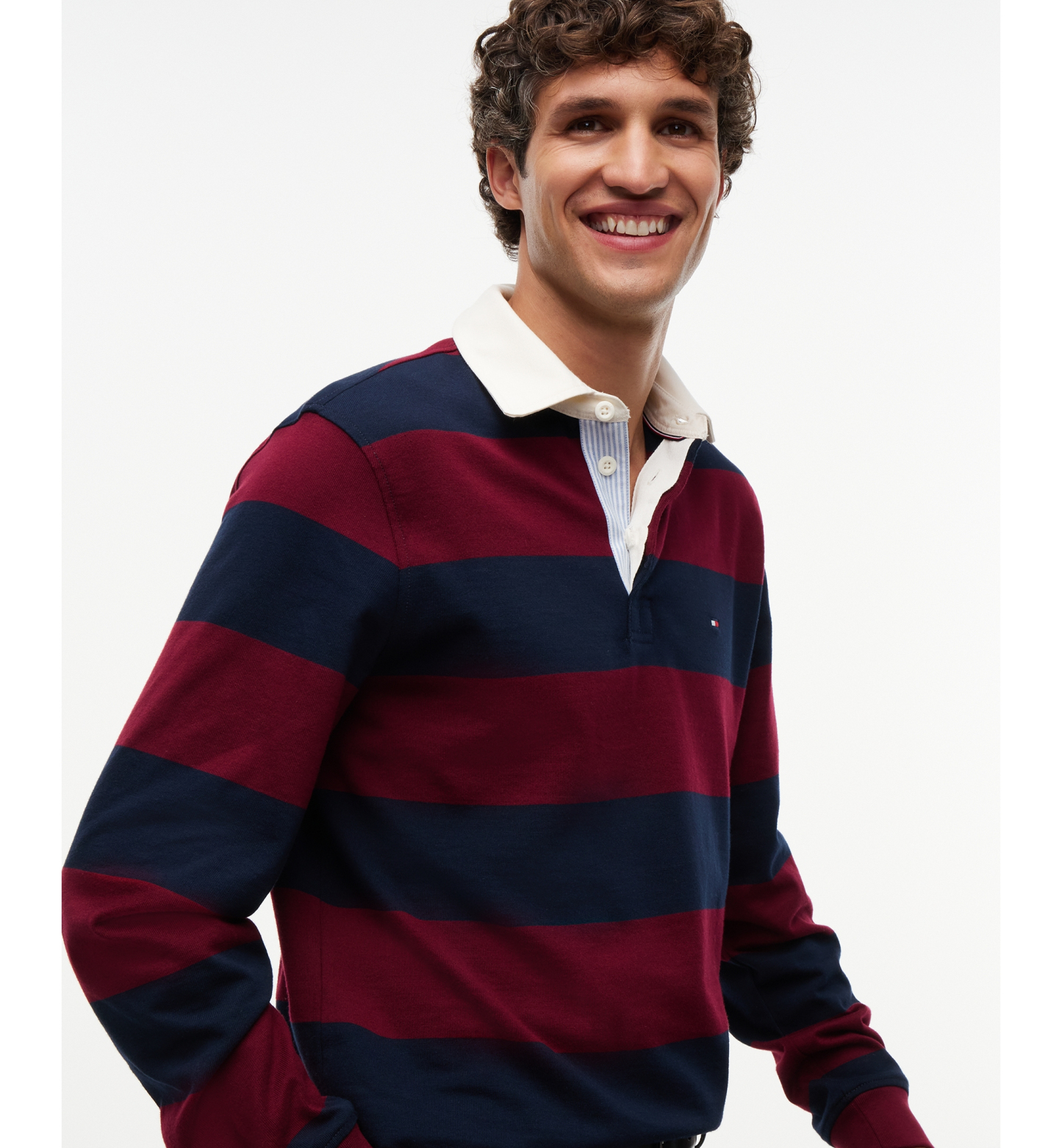 Tommy Hilfiger Men's Essential Stripe Rugby Long-Sleeve Polo Shirt - Burgundy/ Carbon Navy