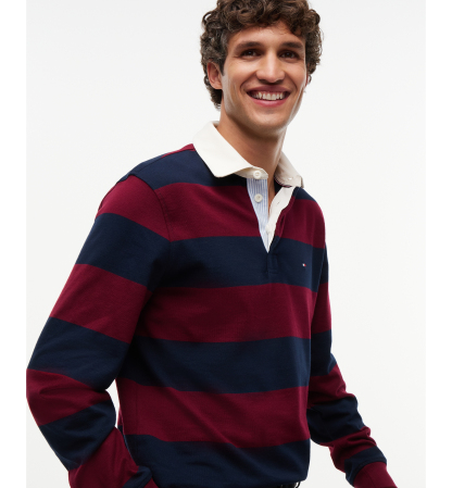 Tommy Hilfiger Men's Essential Stripe Rugby Long-Sleeve Polo Shirt - Burgundy/ Carbon Navy