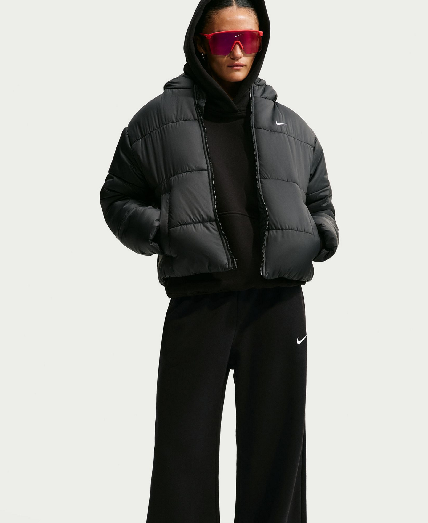Nike Women's Studio Fleece Medium Weight Mid-Rise Wide-Leg Pants - Total Black/Sail