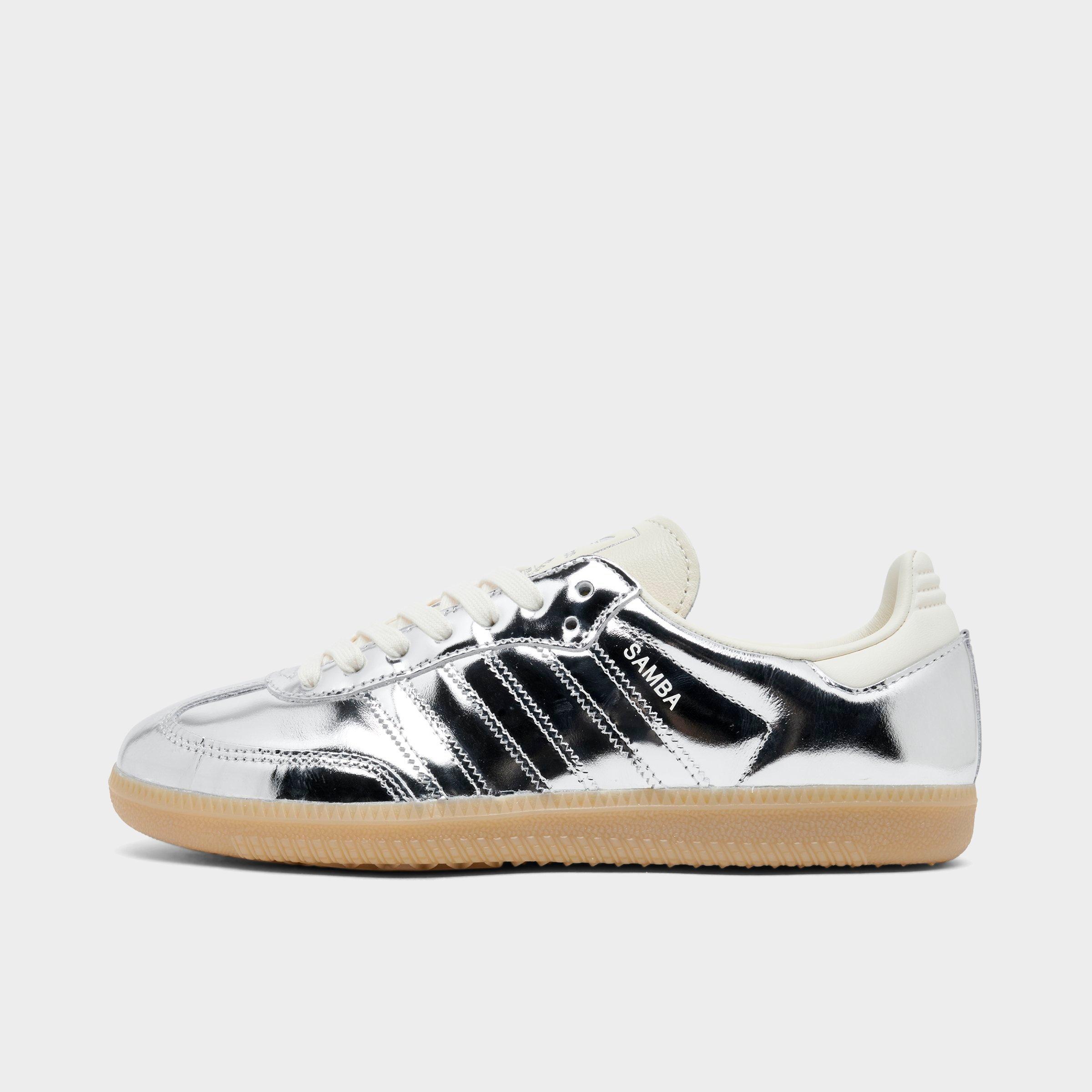 Women's adidas Originals Samba OG Casual Shoes - Part 5 - Silver Metallic/Silver Metallic/Gum - Left shoe facing left. Outside of the shoe.