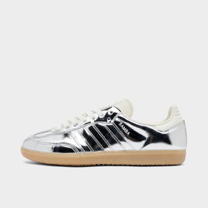 Women's adidas Originals Samba OG Casual Shoes - Part 5 - Silver Metallic/Silver Metallic/Gum - Left shoe facing left. Outside of the shoe.