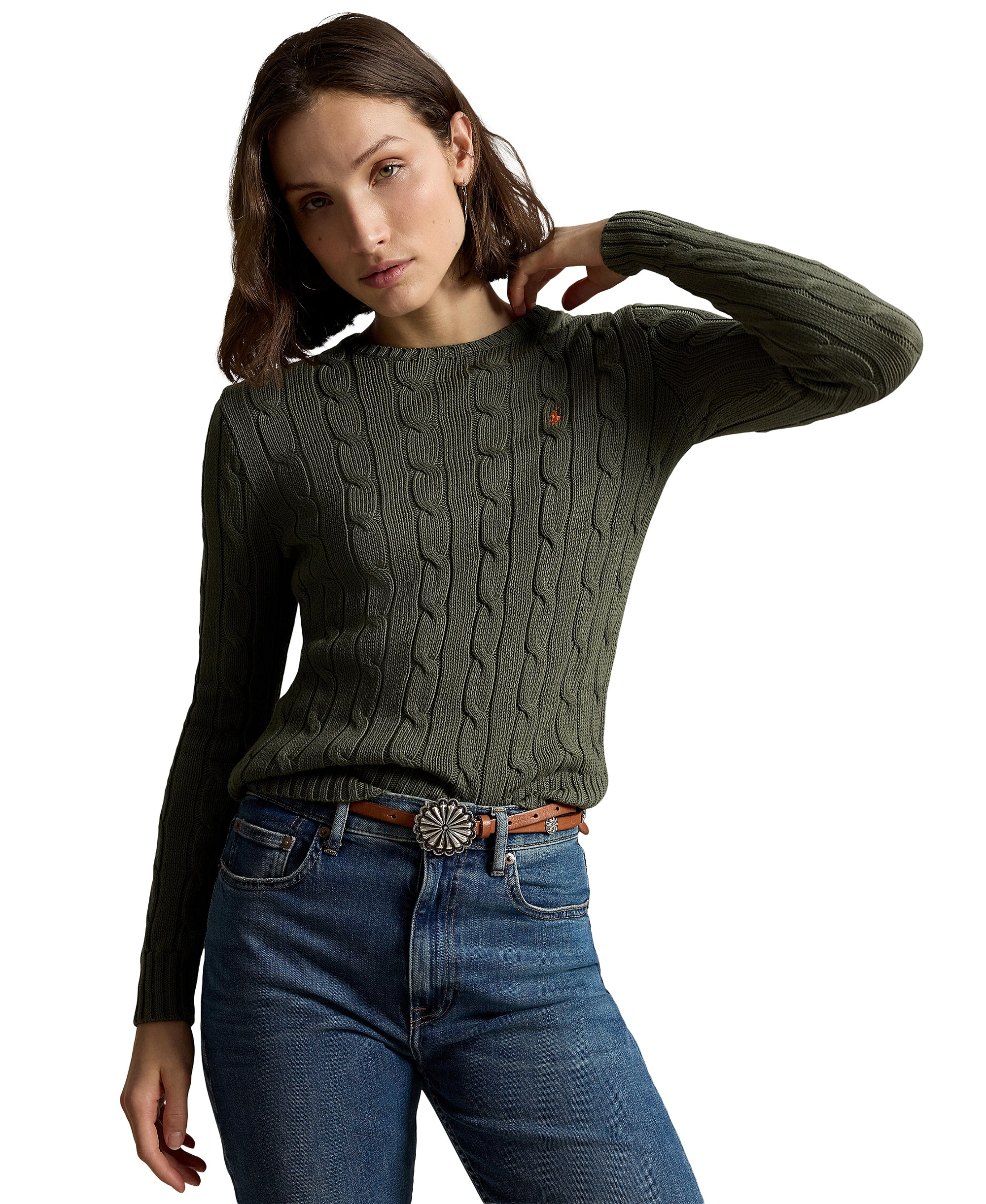 Polo Ralph Lauren Women's Cable-Knit Cotton Crewneck Sweater - Dense Olive