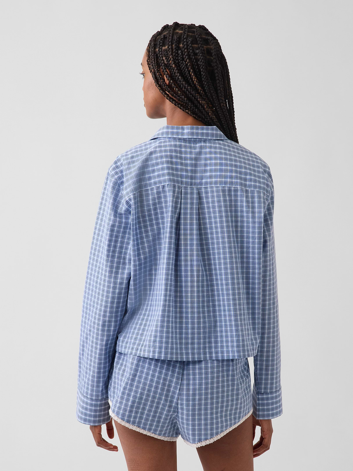 Poplin Oversized Crop PJ Shirt - Blue plaid