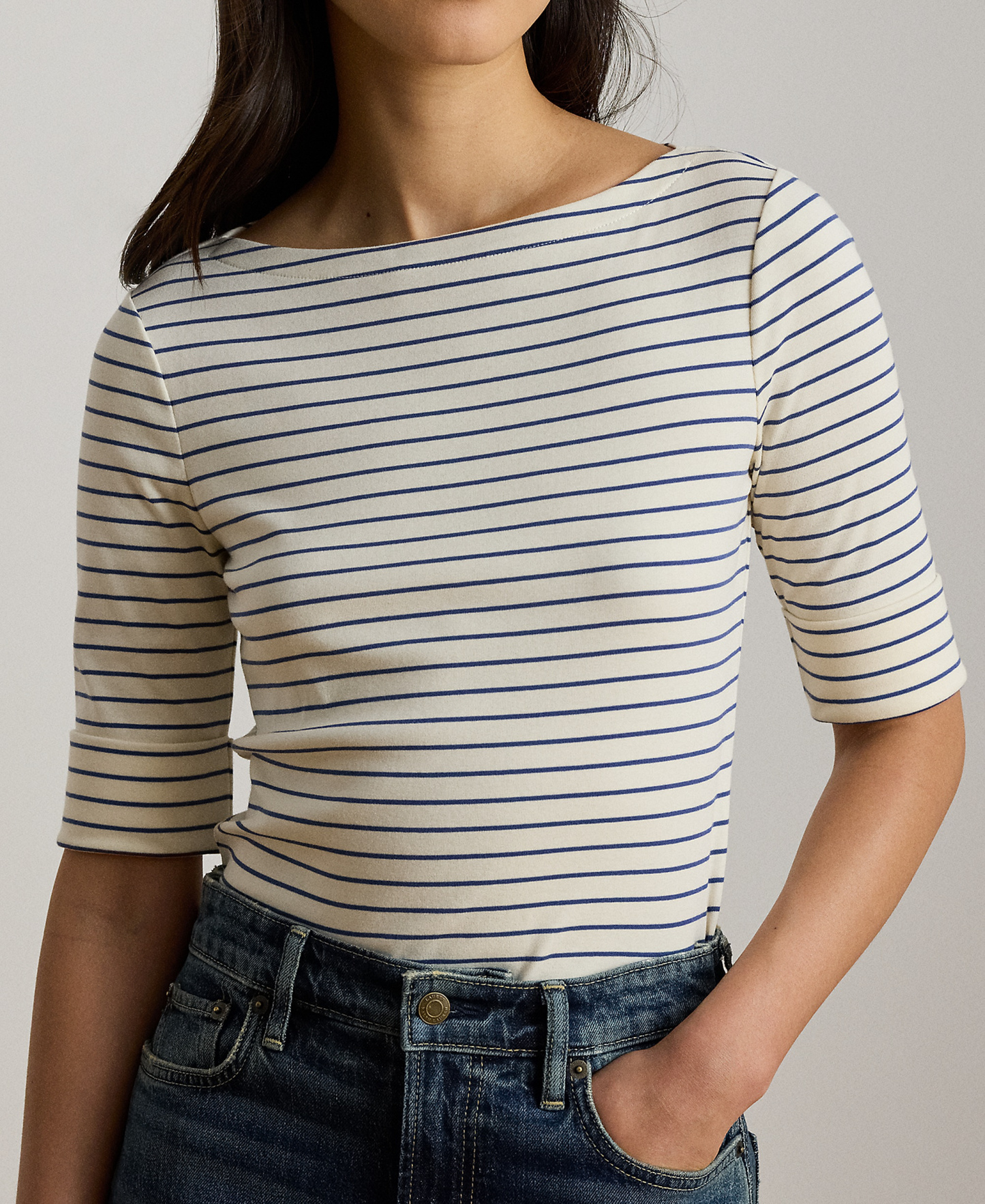 Lauren Ralph Lauren Women's Striped Boat Neck Top - Mas Cream/Inky Blue
