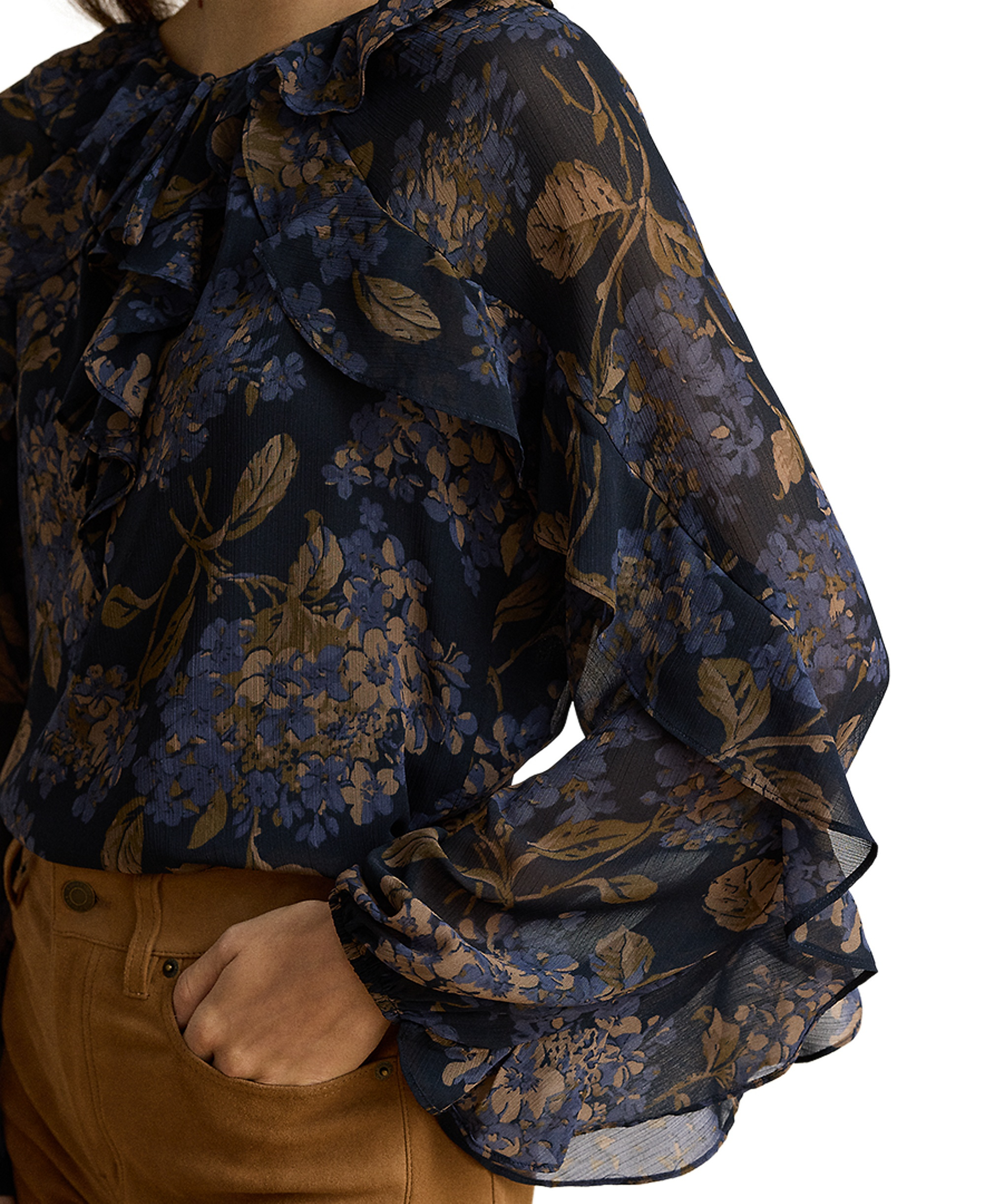 Lauren Ralph Lauren Women's Ruffle-Trim Long-Sleeve Blouse - Navy Multi