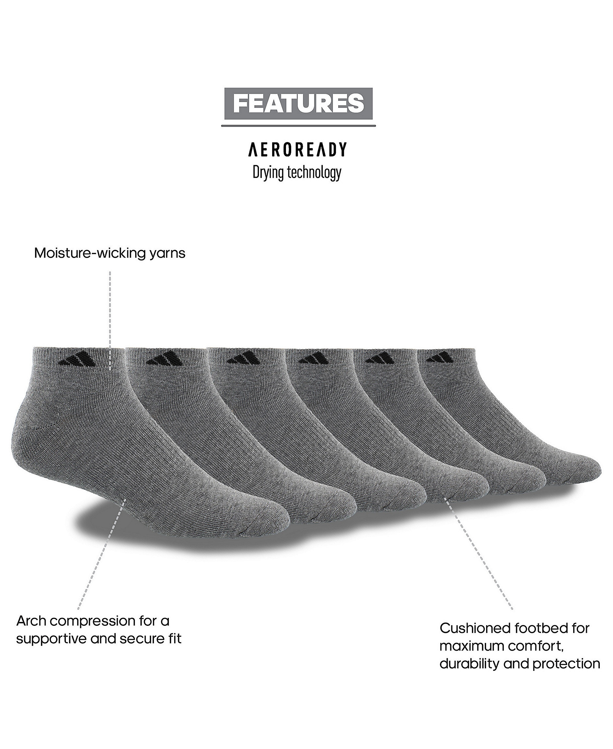 adidas Men's Cushioned Athletic 6-Pack Low Cut Socks - Medium Grey