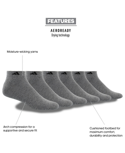 adidas Men's Cushioned Athletic 6-Pack Low Cut Socks - Medium Grey