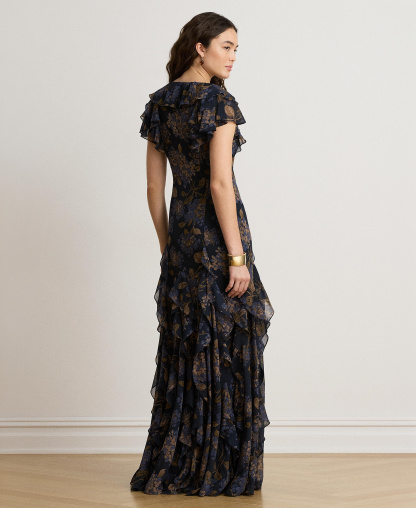 Lauren Ralph Lauren Women's Floral Ruffle-Trim Georgette Gown - Navy multi