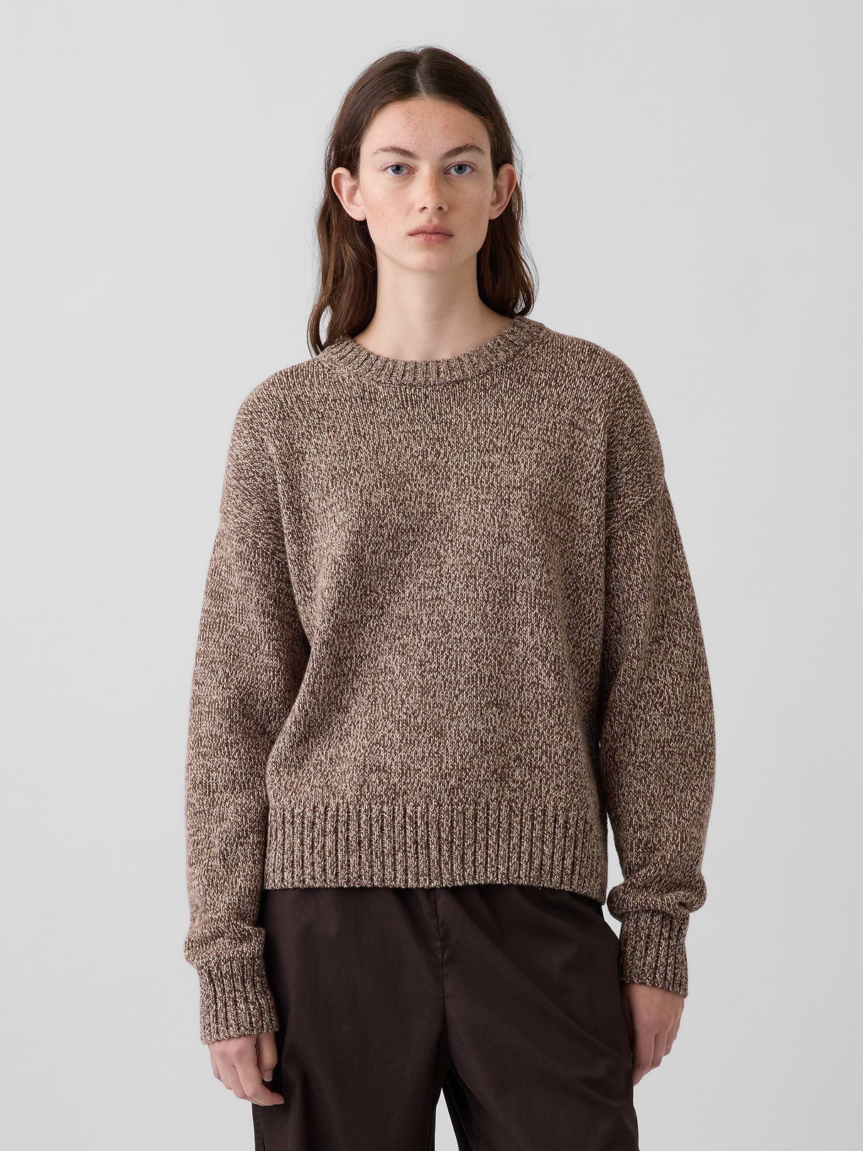 100% Cotton Oversized Crop Sweater - Neutral brown marl